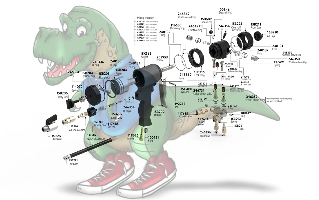 Exploded AP spray foam gun diagram with part numbers