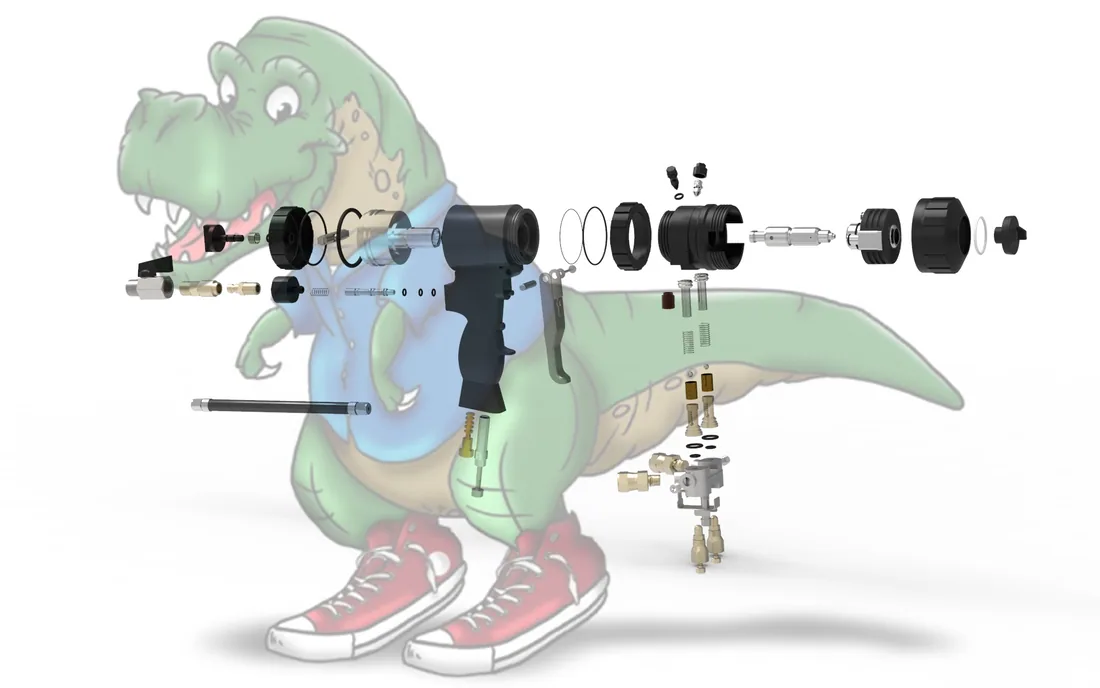 PC spray foam gun, exploded view from an angle
